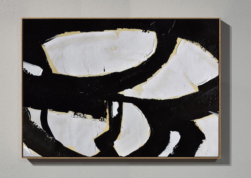 Horizontal Palette Knife Minimal Canvas Art Painting Black White Beige - Art Reproductions Dining Room Huge
